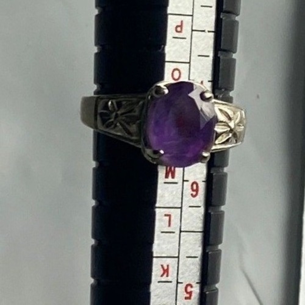 Silver Tone Purple Amethyst Stone‎ Ring Engraved Floral Band Women's Size 7